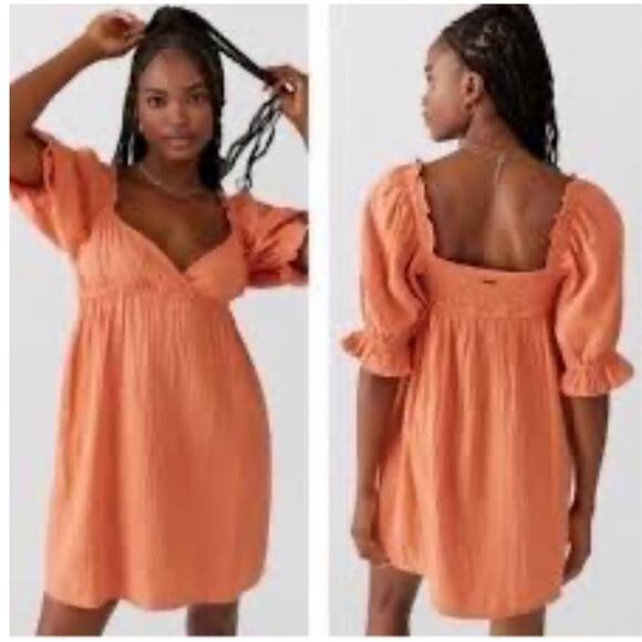 Billabong Perfect Paradise Coral/Terracotta Babydoll Puff Sleeve Dress Size L - Picture 10 of 12